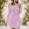 Women Plus Size One Shoulder Chain Strap Long Sleeve Black Blue Printed Bodycon Mini Dress
