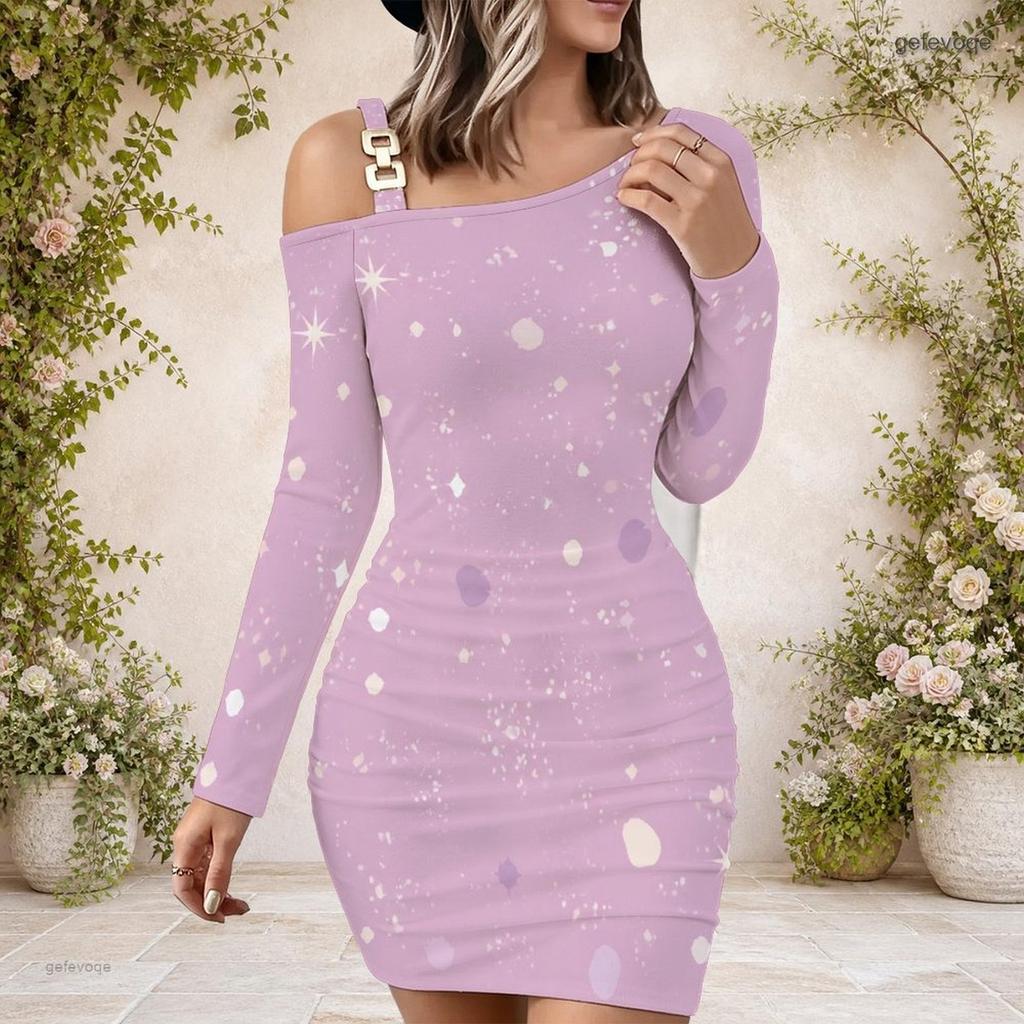 Women Plus Size One Shoulder Chain Strap Long Sleeve Black Blue Printed Bodycon Mini Dress
