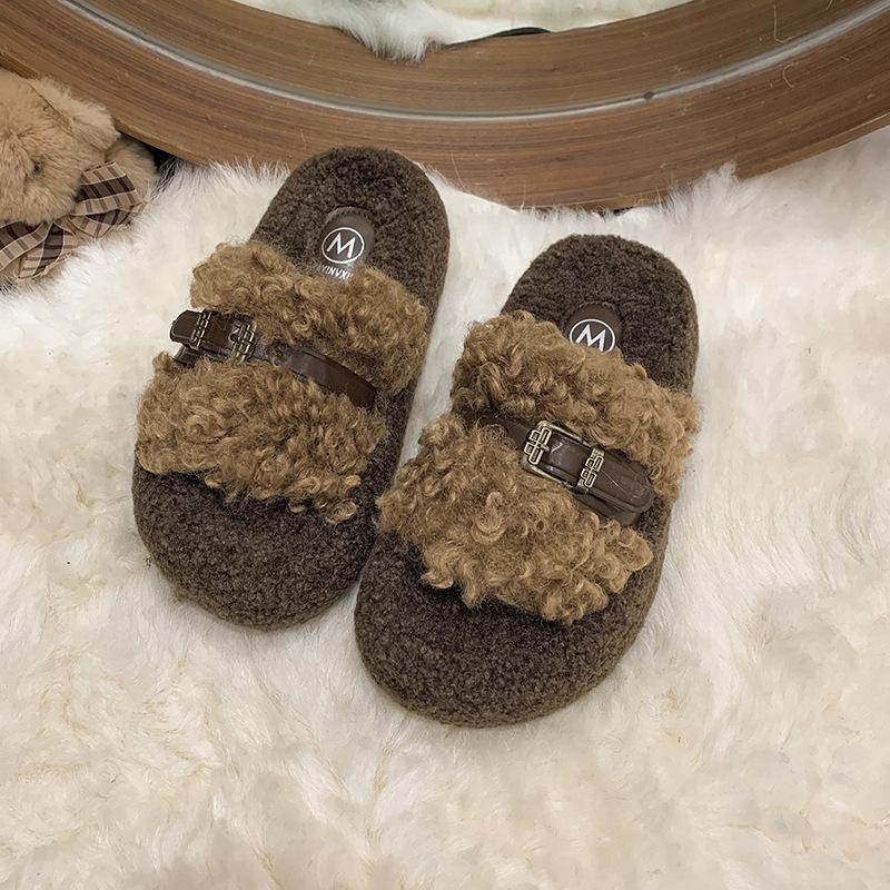 Retro Plush Design Fluffy Slippers Women's Outer Wear 2025 New Autumn and Winter Thick Bottom Heightening Belt Buckle Cotton Mop