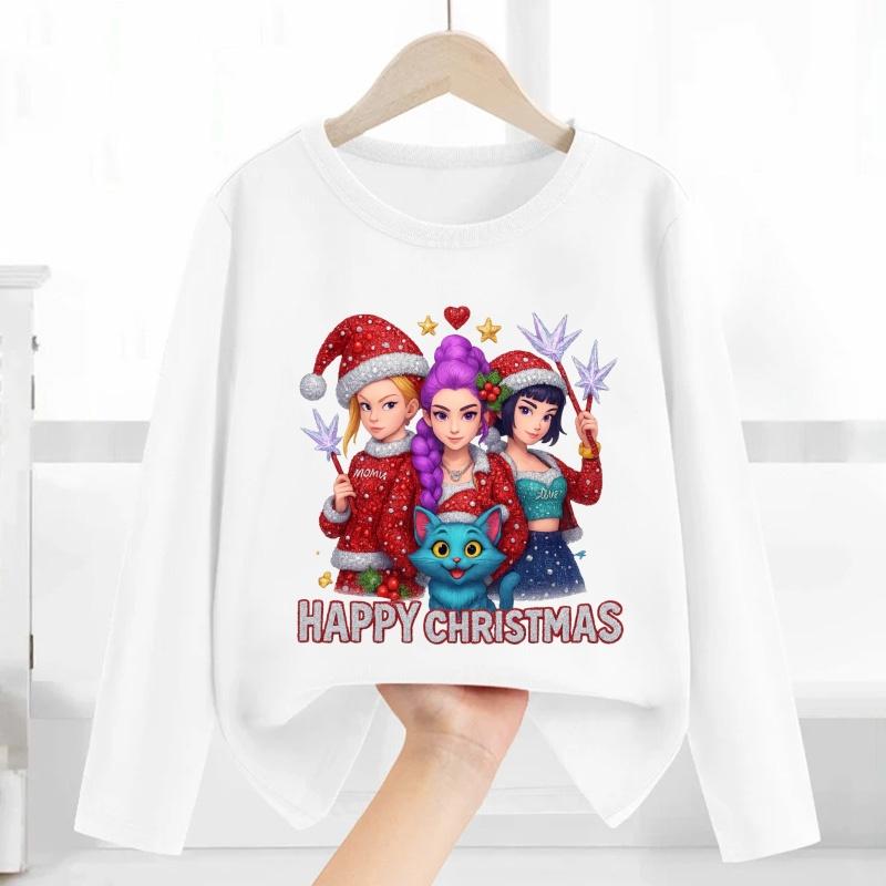 Merry Christmas Kpop Demon Hunters Print Fashion Kids T Shirt Casual Children Clothes Autumn Baby Boys Girls Long Sleeve T-shirt