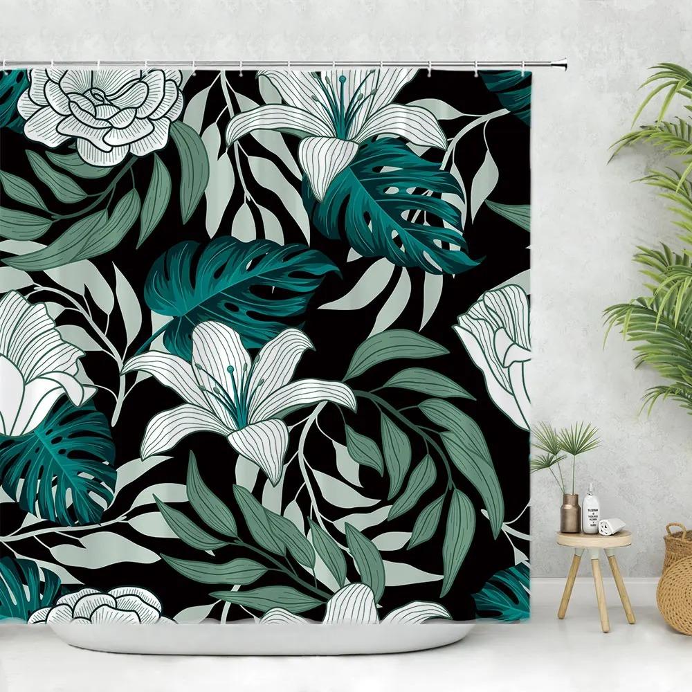 Beautiful Spring Greenery Floral Shower Curtain Eucalyptus Leaves Tropical Leaves Polyester Washable Buth Curtain Bathroom Decor