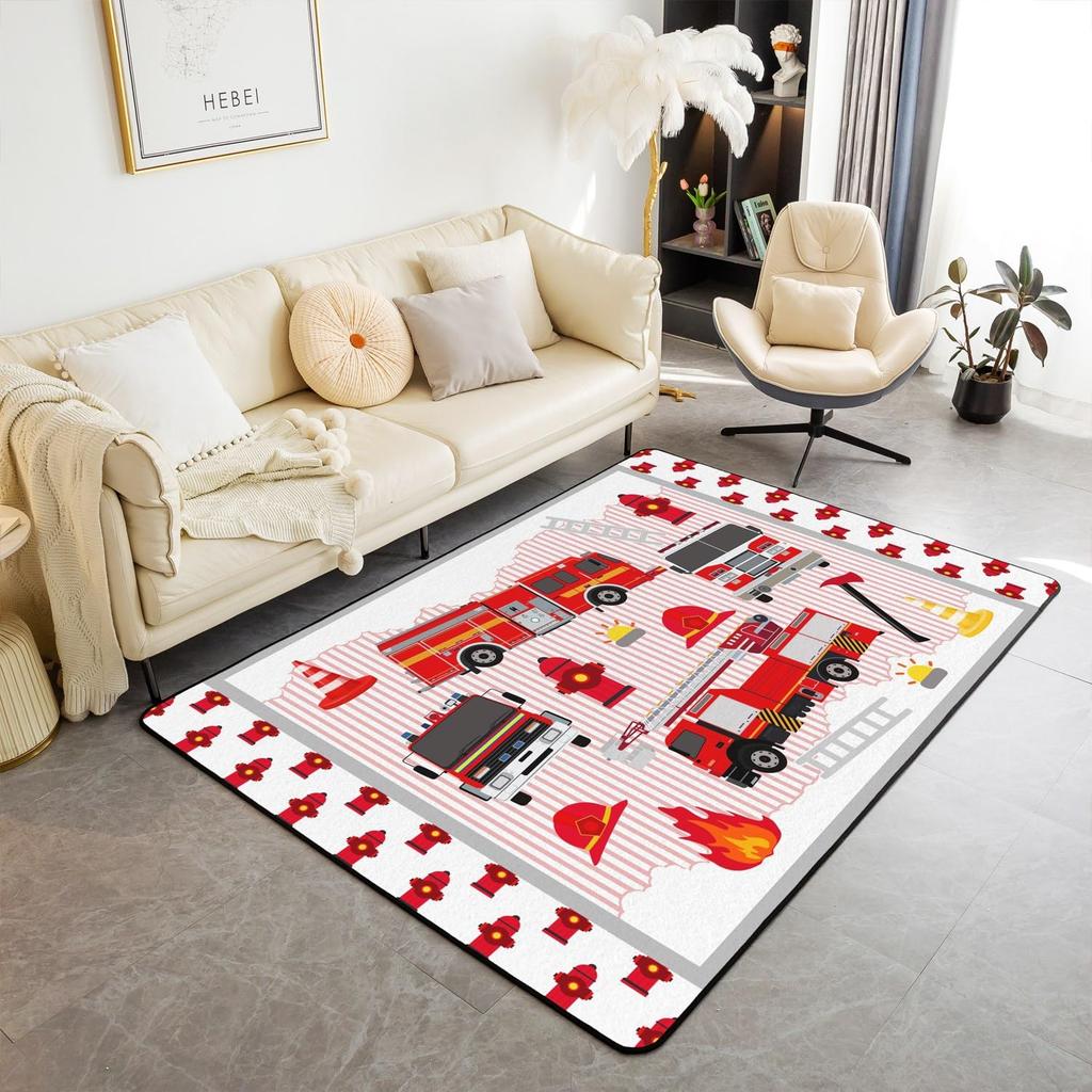 Firefighting Truck Area Rug, Fire Truck Carpet for Teen Boys, Cartoon Emergency Rescue Vehicle Floor Mat for Living Room Bedside