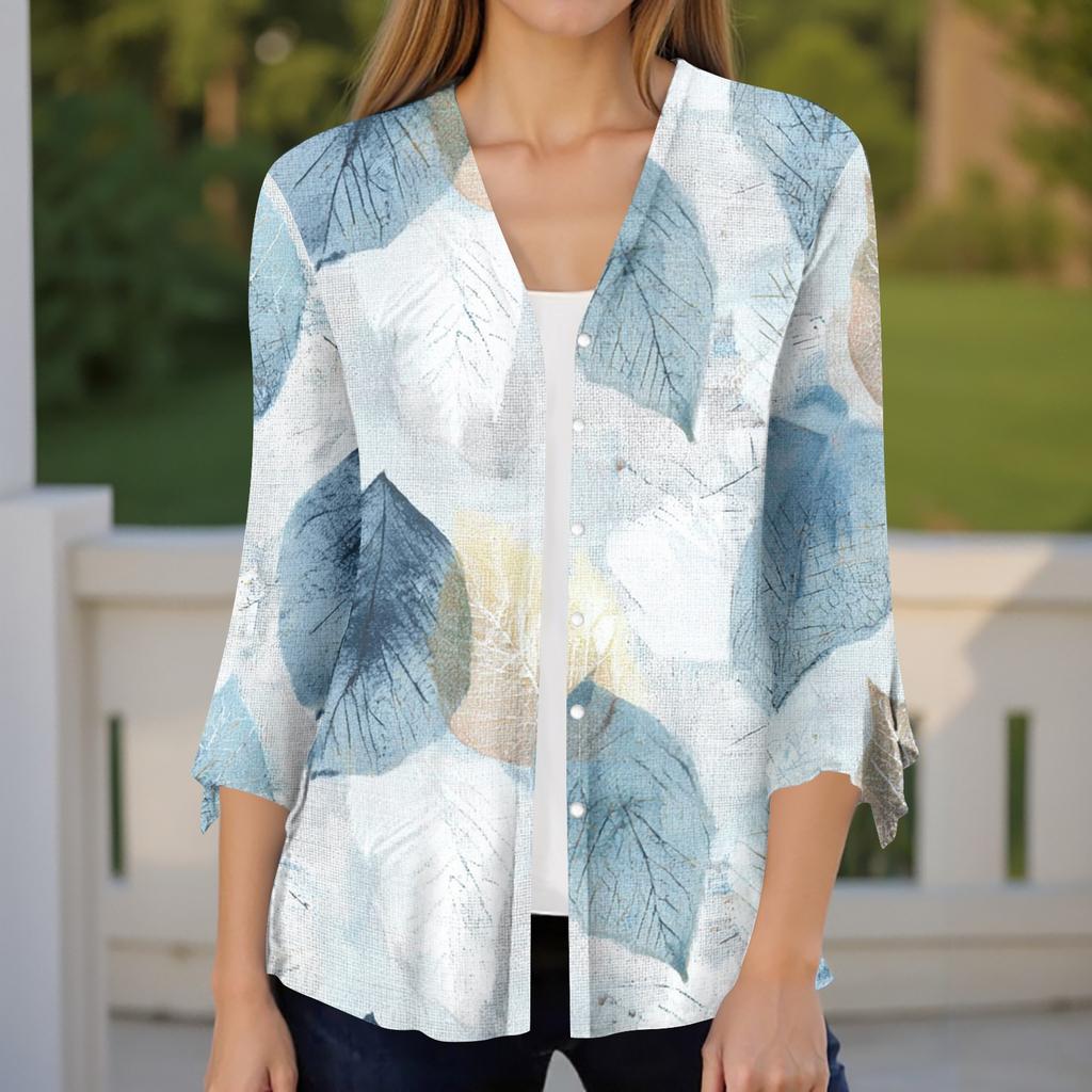 Women's Casual V Neck Loose Fit Blouse Seven Quarter Sleeve Floral Print Button Front Ruffle Sleeve Shirt