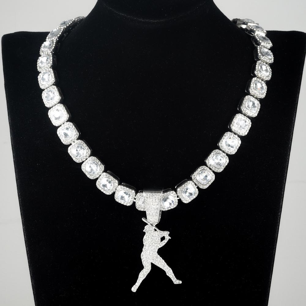 Hip-Hop Punk Baseball Anhänger Halskette Stilvoller Sport Stil Kupfer Würfel Zucker Kette Baseballer Anhänger Trend Herren Schmuck Geschenk 50cm white
