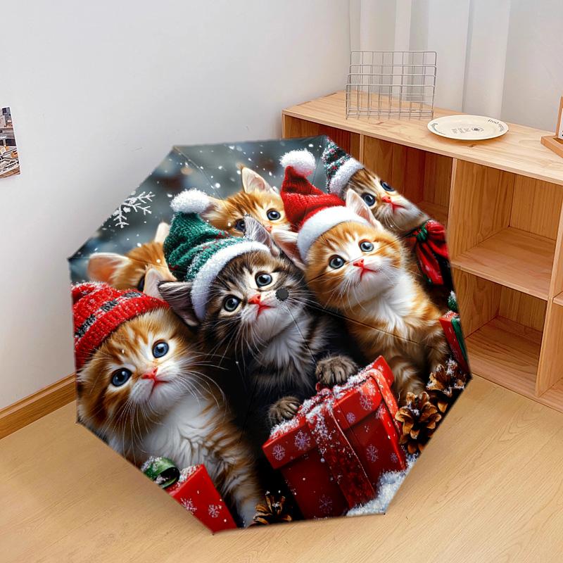 1 PC Automatic Folding Umbrella - Christmas Kittens Pattern, Portable & Foldable Design with 8 Ribs, Christmas Birthday Gifts