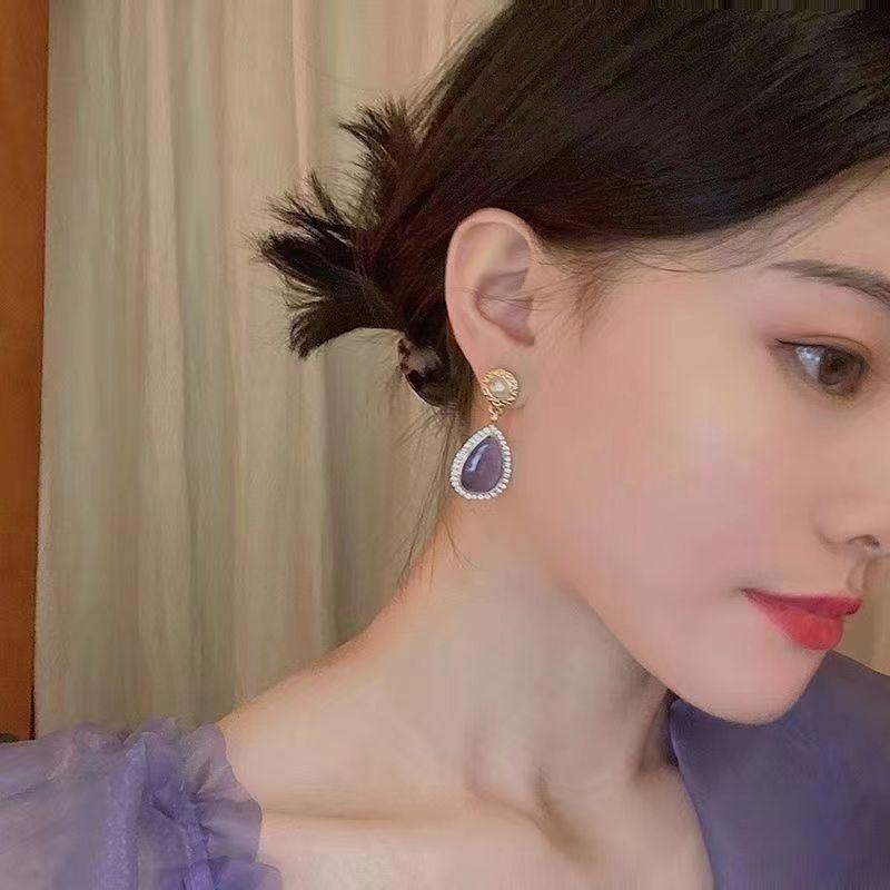 Elegant French Purple Gemstone Earrings: S925 Sterling Silver, Rhinestone Inlaid, Retro Court Style Water Drop Studs