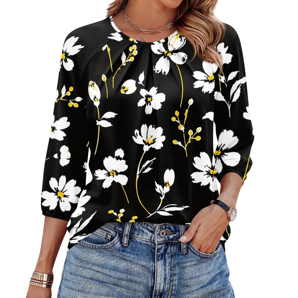 Women's Floral Print 3/4 Sleeve Round Neck Pleated T-Shirt Top Casual Lightweight Blouse with Elastic Cuffs and Relaxed Fit for Everyday Wear