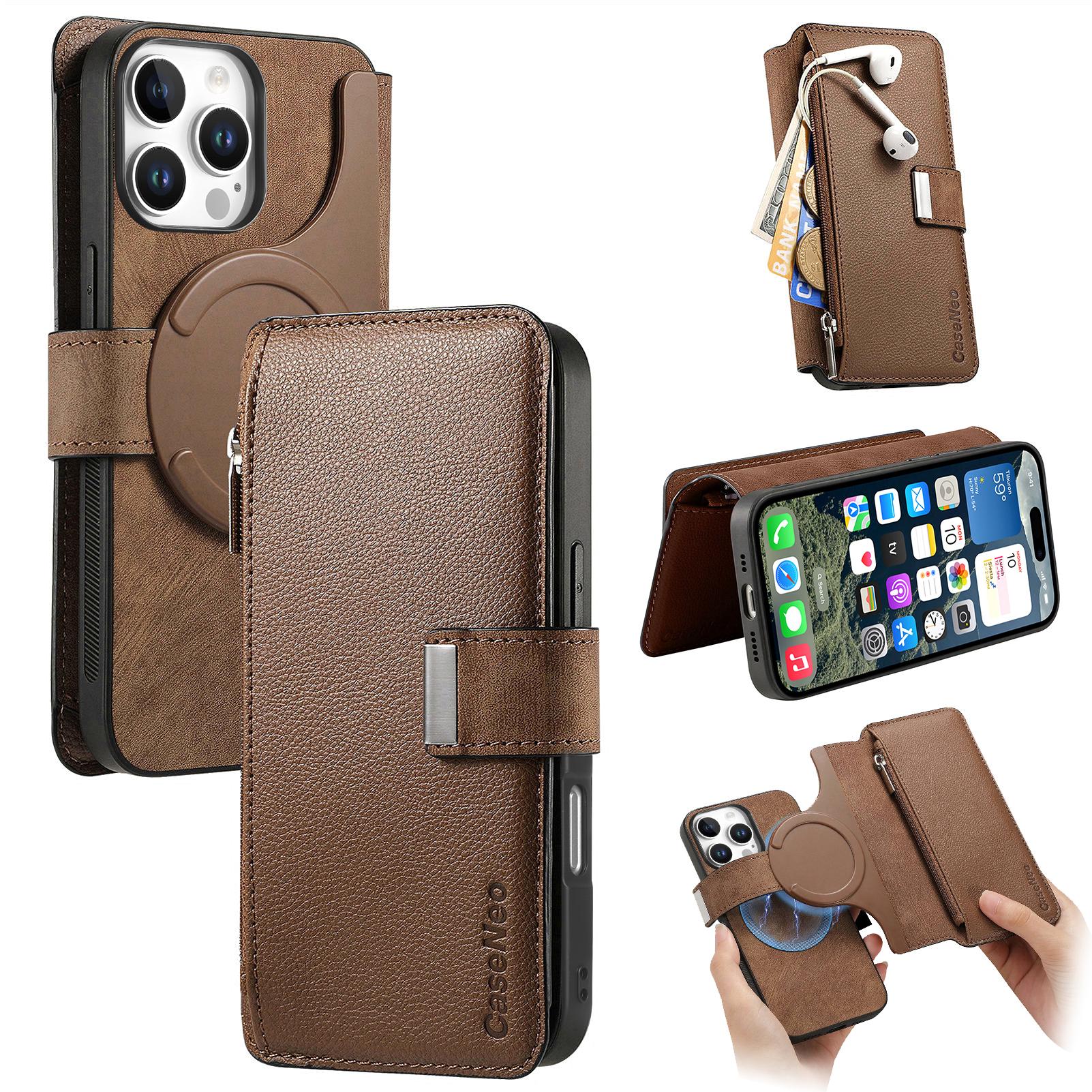 

CASENEO MW-02 For iPhone 16 Pro Leather Case Detachable Magnetic Phone Cover Brown