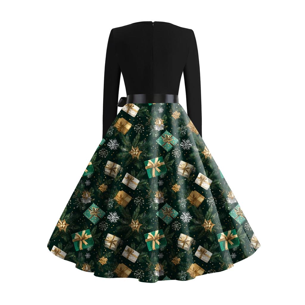 Dámské módní kulaté ležérní slim fit šaty s vánočním potiskem, velké kolové, s dlouhým rukávem