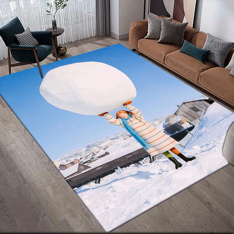 Cute Pippi Flannel Printed Carpet, Home Sofa Decoration for Living Room & Bedroom, Non‑Slip Play Flannel Floor Mat for Game Room