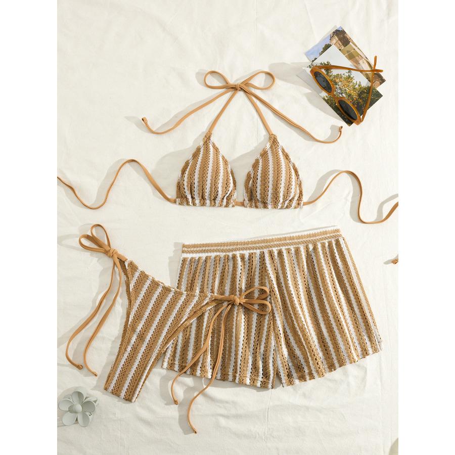 New Men's Swimwear 3 Piece Set Featuring Mesh Swim Trunks and Tie Side Bikini Briefs 0874