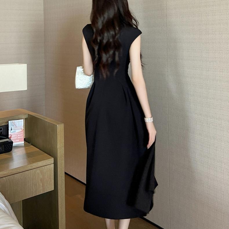 GMXIA Rochie lungă de buzunar în stil Hepburn, cu decolteu în V, cu talie răsucită