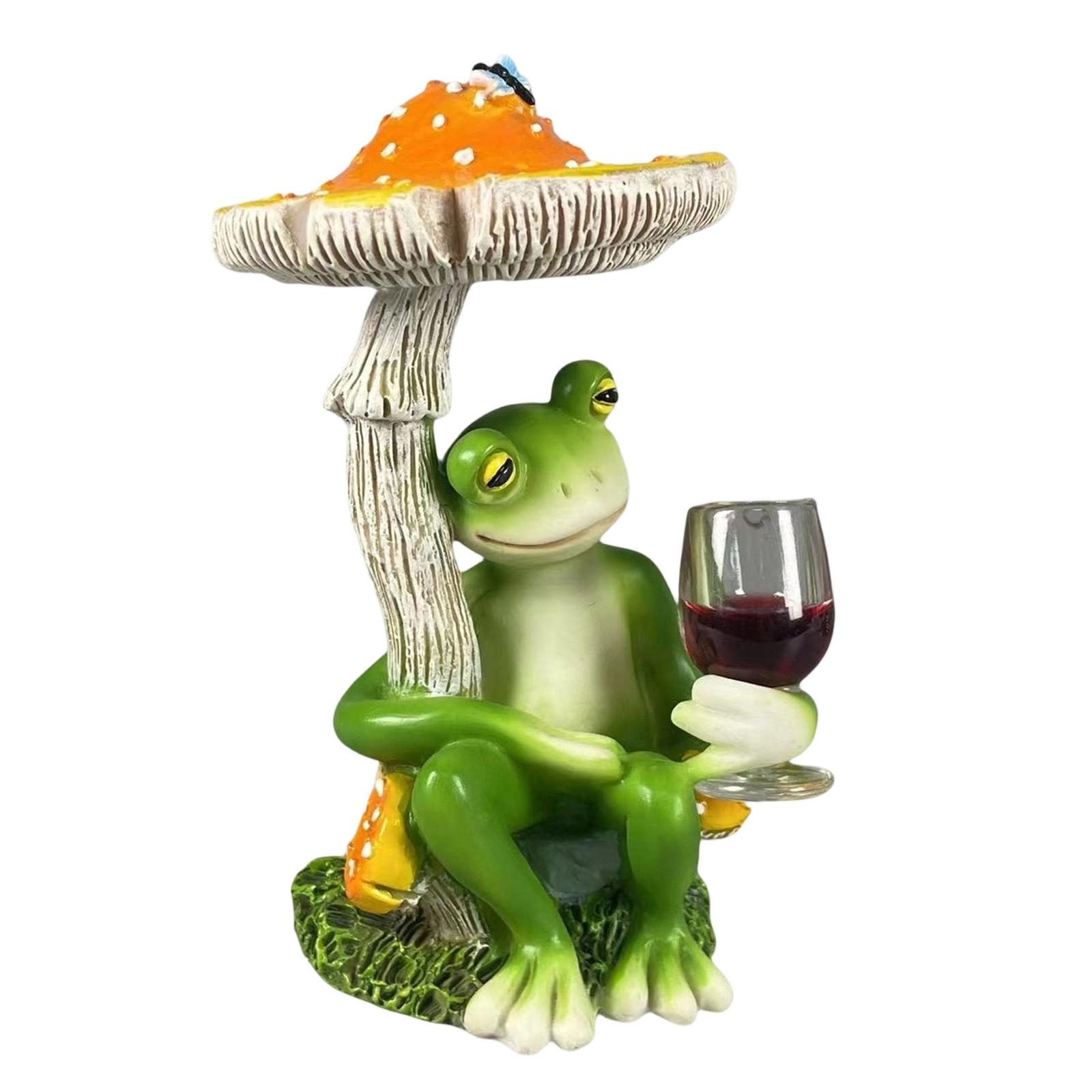 

Creative Resin Frog Figurine Holding Wine Glass Sitting Under Mushroom Tabletop Decoration for Living Room Office Shelf Display One Size