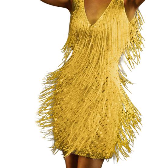 Tiefer V-Ausschnitt Ärmellos Rückenfrei Hüftbetont Sommerkleid Sexy Damen Fransen Pailletten Stickerei