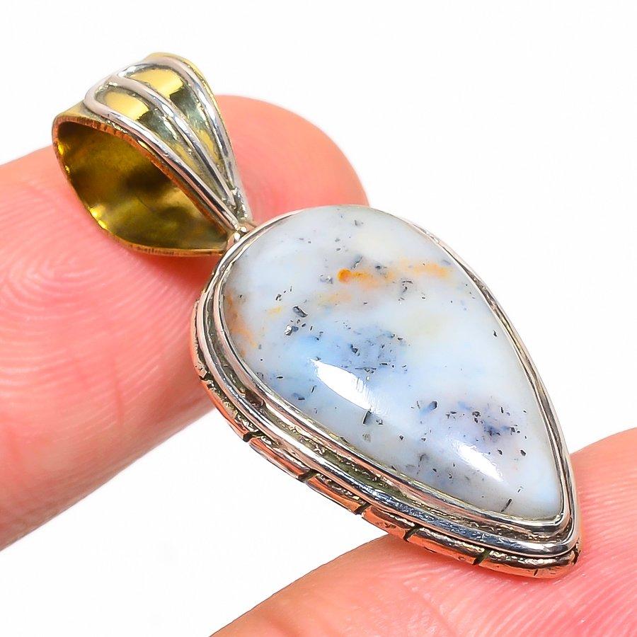 Natural Dendrite Opal TwoTone 925 Solid Sterling Silver Gift Pendant 1.50" u8G17