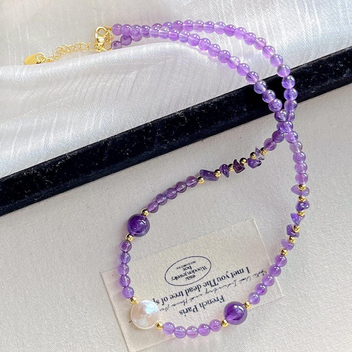 4Mm High Quality Natural Amethyst Freshwater Pearl Design Sense Necklace Clavicle Chain