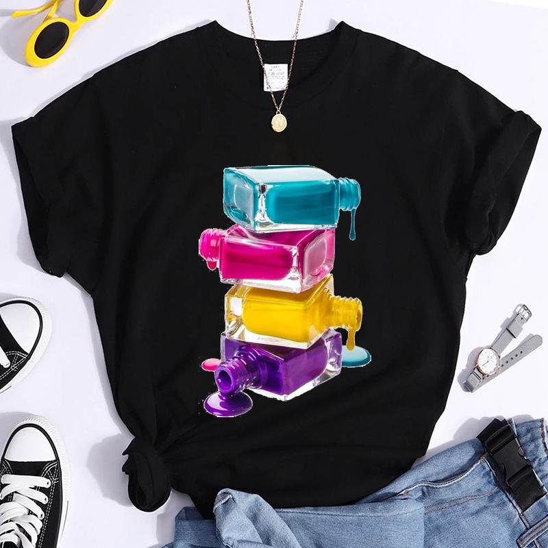 Women's Nail Polish Printed T-shirt, Makeup, Beauty, Aesthetics, Pattern, Women's Clothing, Black, Clothing Summer Streetwear