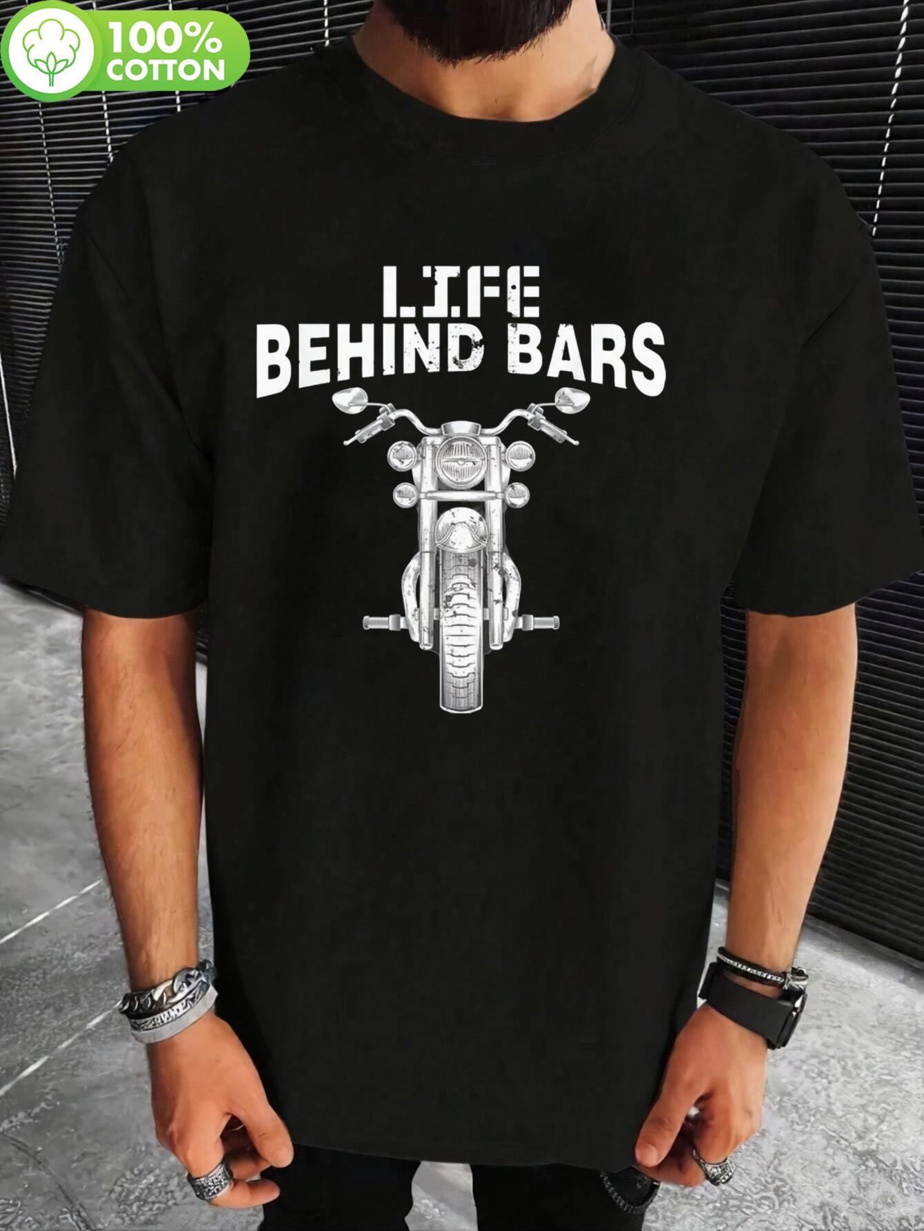 

Motorcycle Graphic T-shirt with Life Behind Bars Print - 100% Cotton Casual Short Sleeve Tee for Outdoor Activities L