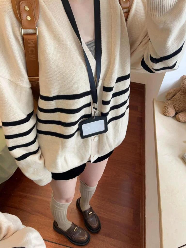 Retro Preppy Striped Cardigan Sweater - Petite Women's Knitwear for Early Autumn