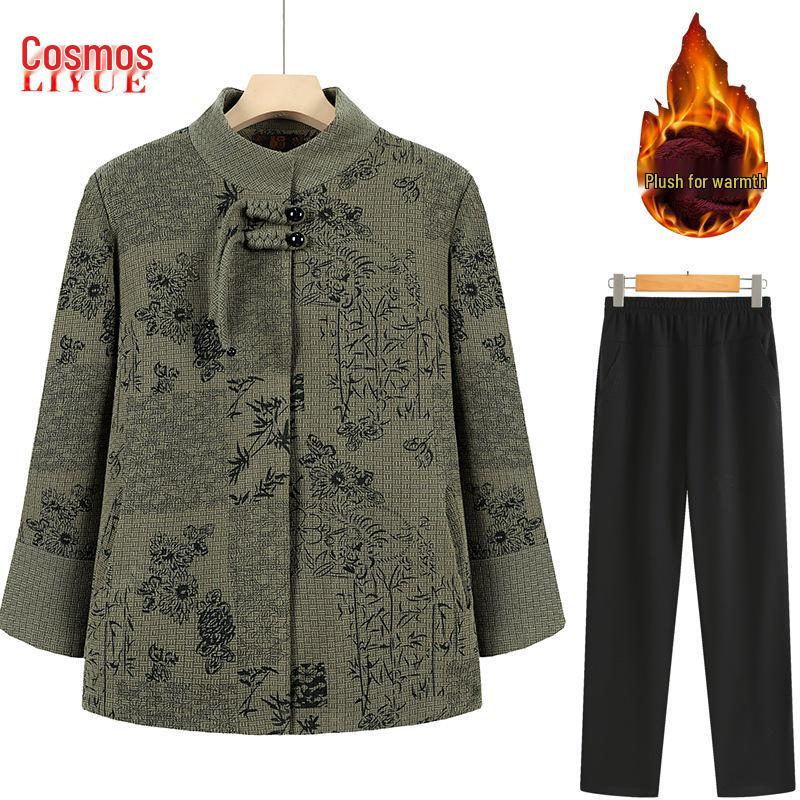 Stylish Chinese-Style Wool Coat for Middle-Aged and Elderly Women - Thickened Velvet Outerwear for Autumn and Winter