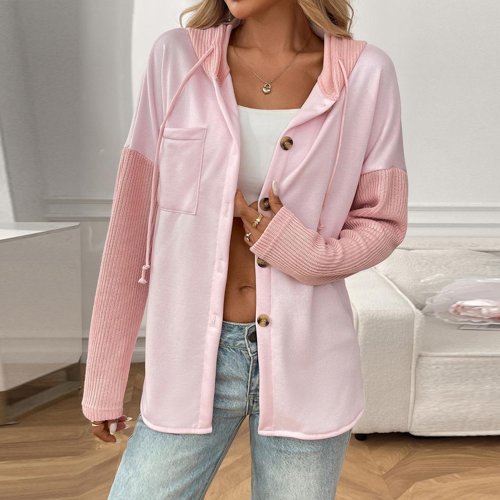 Damen Casual Splicing Langarm Strickjacke Kapuzenpullover mit Taschen