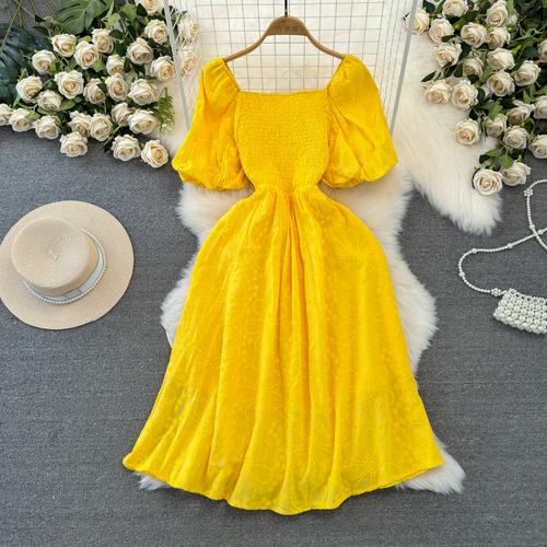 Fashion Dress for Women Square Collar Puff Sleeve A-line Floral Texture Vestido Womens Solid Color Folds Dresses Summer Dropship