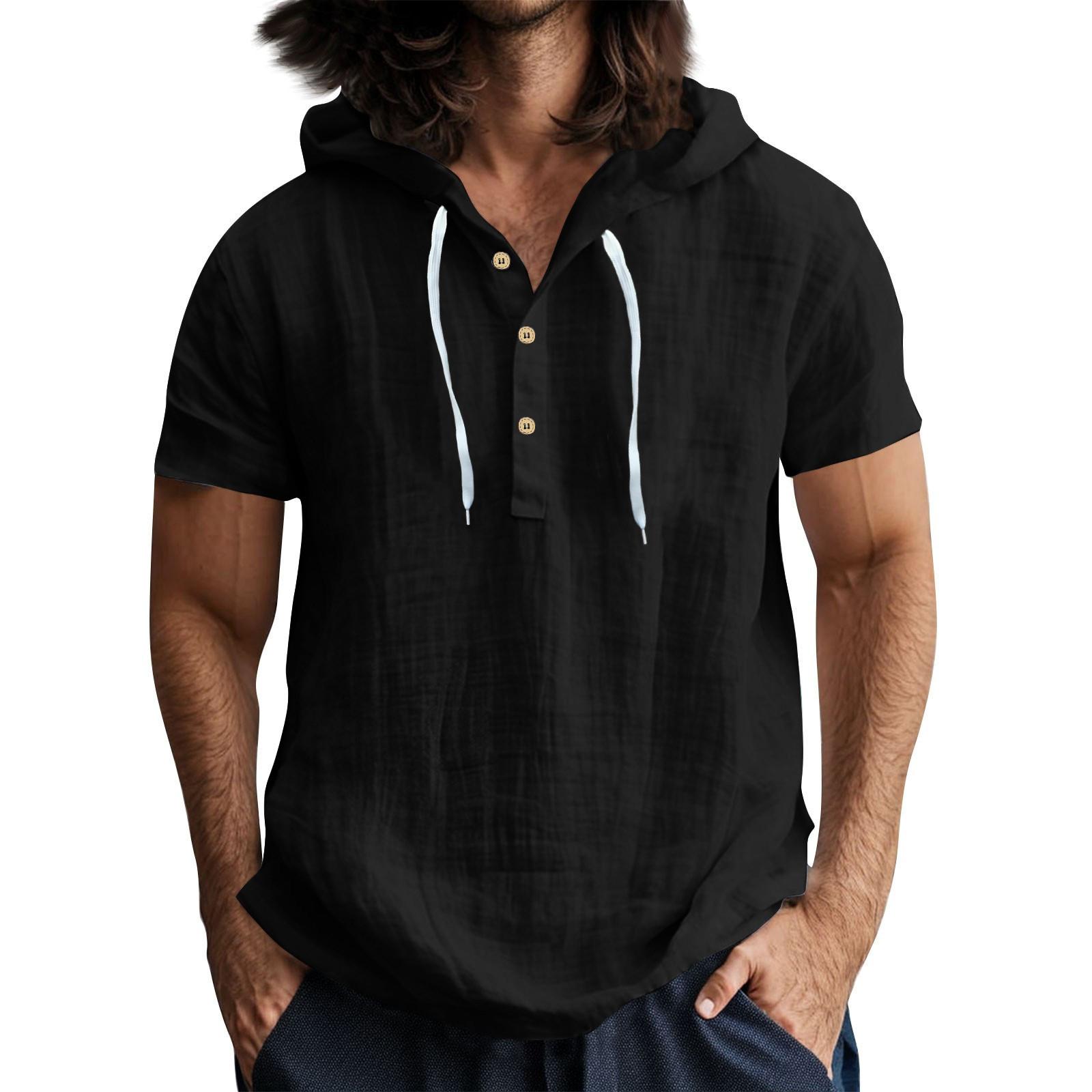 

Чоловіча повсякденна футболка з короткими рукавами та капюшоном, застібнута на ґудзики, з відкритим коміром XXXL чорний