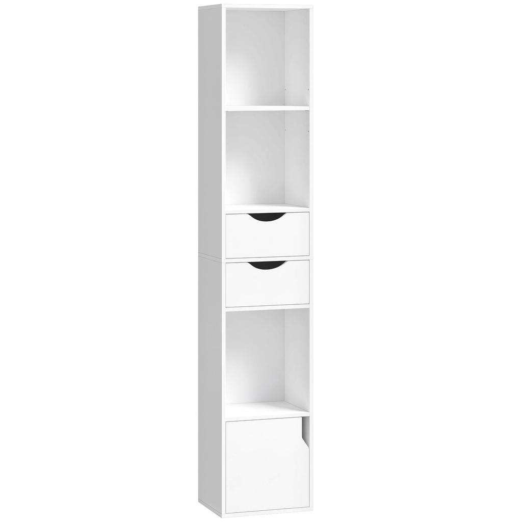 Bookshelf with Storage Unit and Door, 2 Drawers, Open Compartments, Shelf, 30 x 24 x 158 cm, White