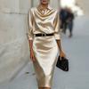 Women's Satin Midi Shirt Dress Long Sleeve Lapel V Neck Bodycon Office Work Dress Sheath Business Dress with Belt