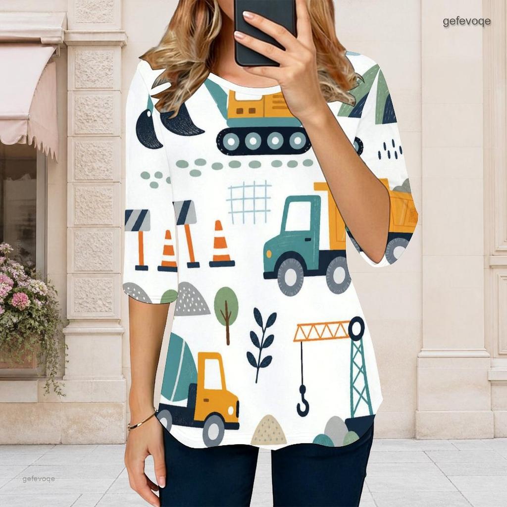Women S Plus Size Round Neck Half Sleeve Printed T Shirt Black Gold Beige Curved Hem With Pockets