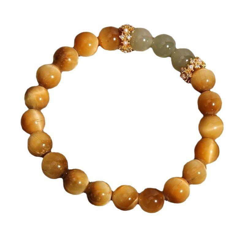Vintage Gold Plated Tiger's Eye & Green Jade Beaded Bracelet for Women, Mixed Material Elegant Charm Wrist Jewelry Gift