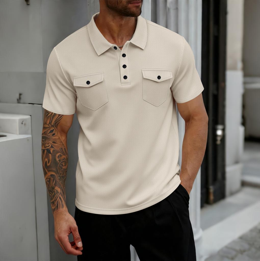 Mens Short Sleeve Waffle Knit Polo Shirt With Double Pockets