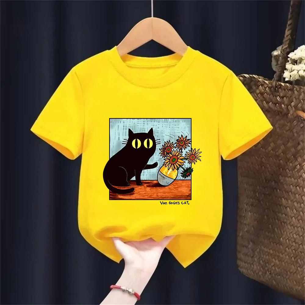 Van Gogh Cat Graphic T Shirts Boysgirls Flower Black Cat Tshirt Round Neck Short Sleeve Trendy Tee  Kawaii Kids Clothing