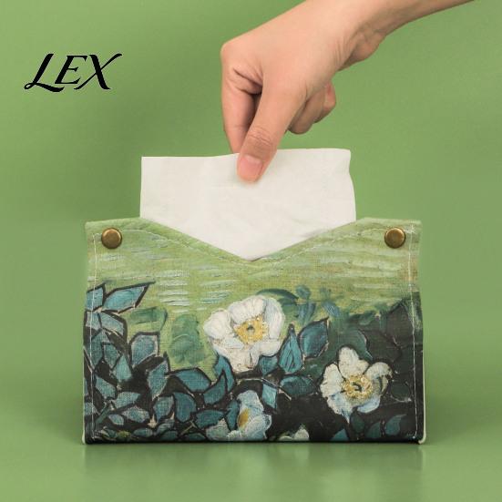 Student Desk Tissue Storage PU Leather Box Cover with Wild Rose/Sunflower Pattern, Foldable Desktop Organizer, Napkin Holder Modern Home Accessory