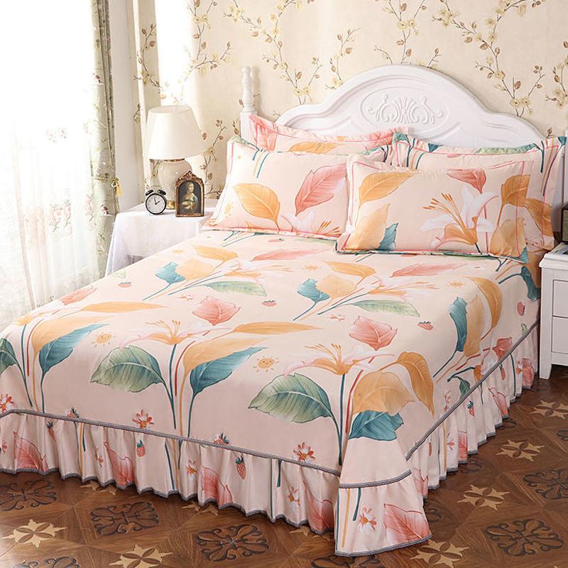Комплект из 3 предметов, утолщенная юбка-кровать с принтом, мягкая шлифовальная пылезащитная юбка-кровать, покрывало размера King Queen с 2 наволочками
