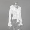 Womens White Lace Blouse With Ruffled Trim Bell Sleeves Slim Fit Office Wear 2025