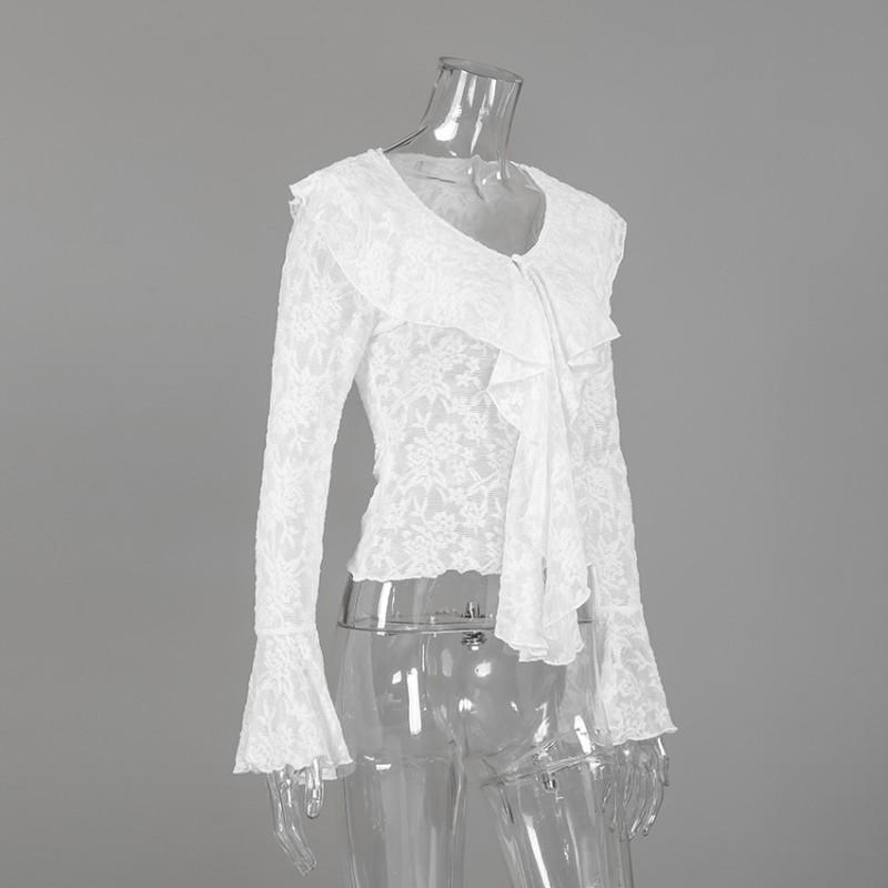 Womens White Lace Blouse With Ruffled Trim Bell Sleeves Slim Fit Office Wear 2025
