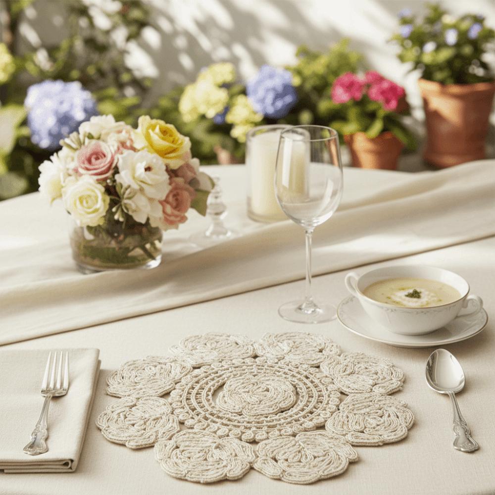 Vintage Rose Embroidery Placemat Hollowed-out Crochet Doilies Decorative Cup Mat  Dining Table