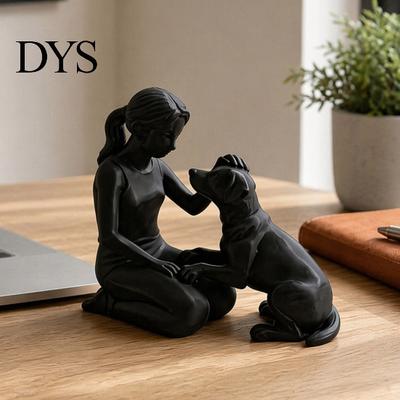 Artistic Human And Dog Statue 3D Printed Girl with Figurine, Minimalist Squatting Sculpture for Home Modern Humanoid Figurine Decor, Healing