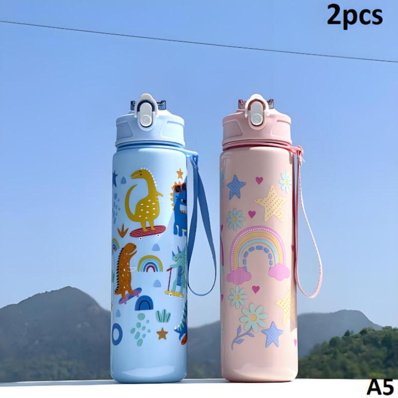 Cute Dinosaur Rainbow Straw Water Bottle, Portable, Large Capacity, Reusable, Lightweight, Outdoor, Camping, Picnic, 800ml