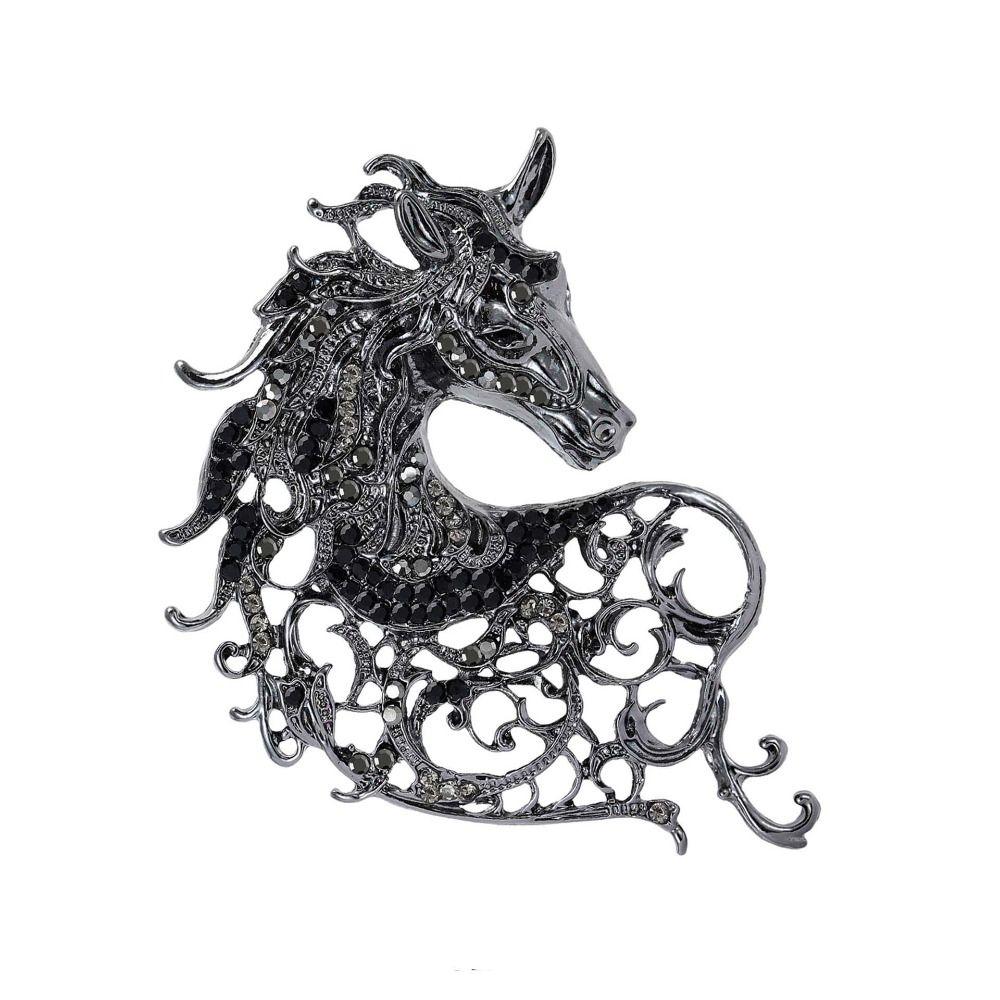 Hollow Out Rhinestone Horse Head Brooches Casual Metal Badge Pin Zodiac Animal Pins  for Women