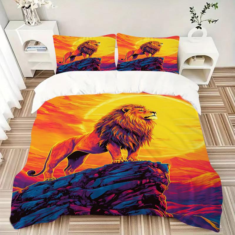 3pcs Lion, Sunset Duvet Cover Set, Soft Comfortable Duvet Cover,Guest Room (1*Duvet Cover + 2*Pillowcase, Without Core) Yy251104188