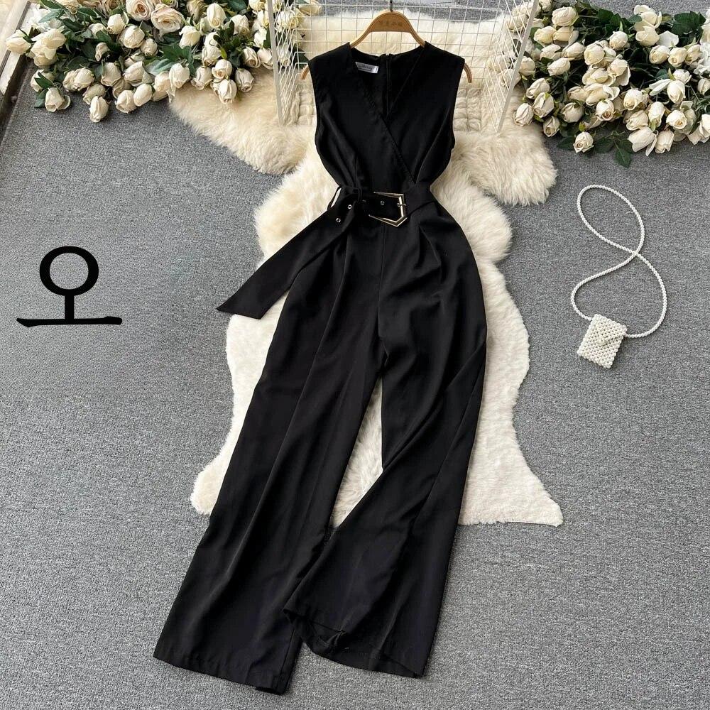 2024, primăvară și vară, nou sexy, cu decolteu în V, cu bretele în talie, care îmbrățișează, pantaloni lungi, drepti, grațioși, cu picioare late