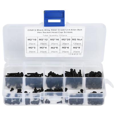 300pcs M2 X 320mm 12.9 Grade Black Alloy Steel Hex Socket Screw Bolt and Nut Kit