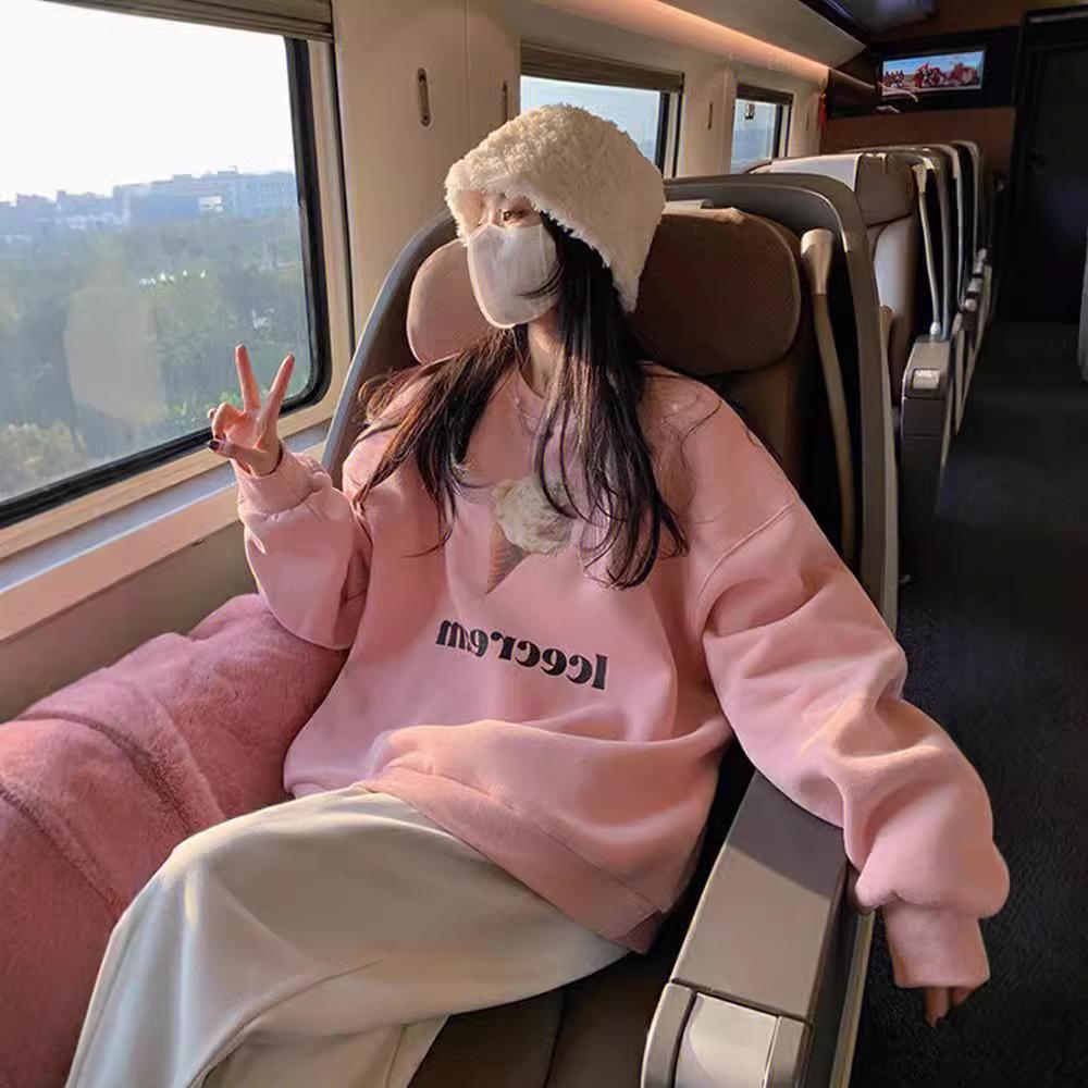 American oversize hoodless sweater women's design sense ice cream printing versatile foreign style long-sleeved