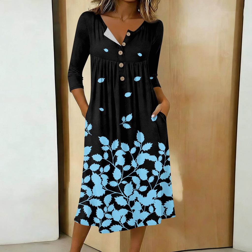 Women's Fashionable Color Printed Round Neck 3/4 Sleeve Button Collar Mid Length Casual Dress