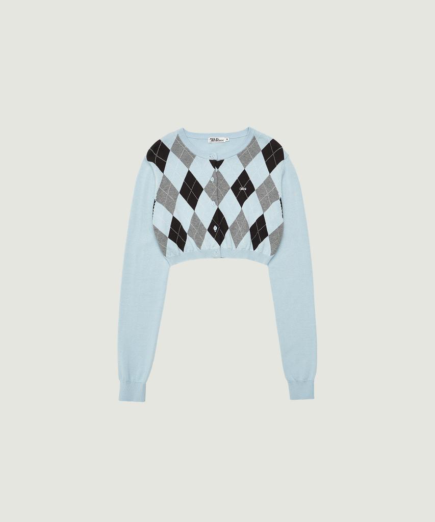 GROVE Veni Argyle Crop Cardigan (Light Blue)