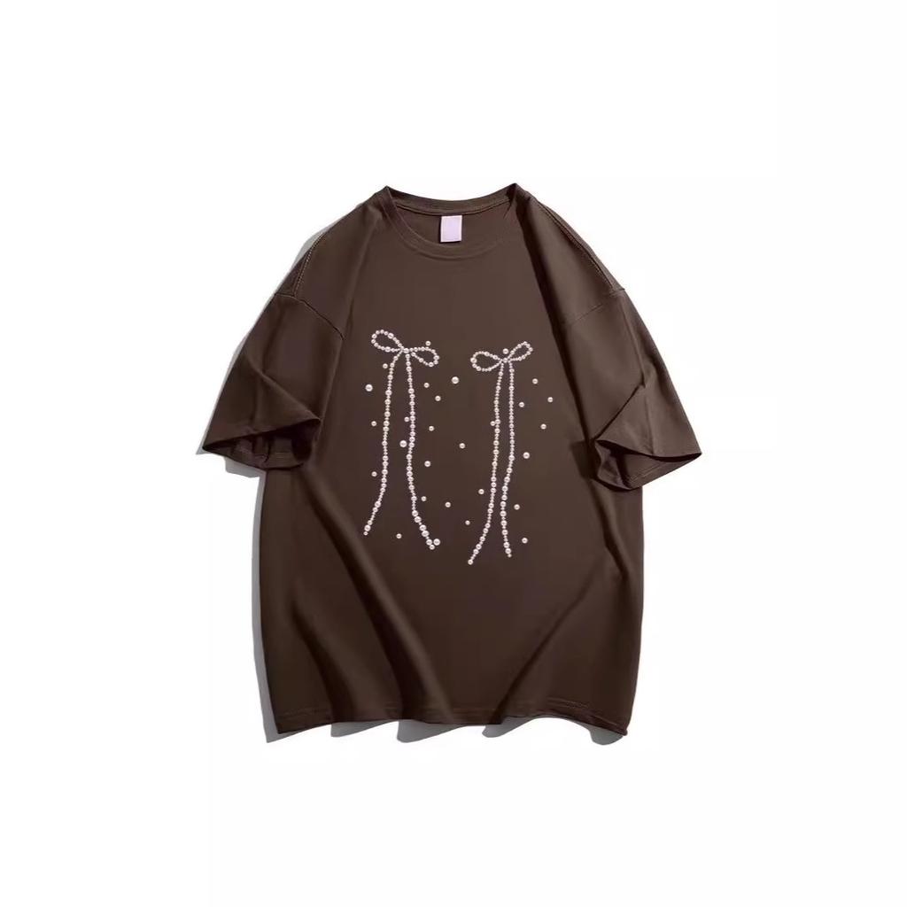 Large size loose cotton short-sleeved t-shirt women's new spring and summer fat mm meat covering and thin black bow trendy