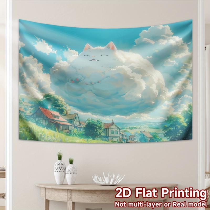 Anime Winds Domo Cat Tapestry Pastoral Landscape Pattern Living Room Decorative Hanging Anime Room Decoration 100X70CM