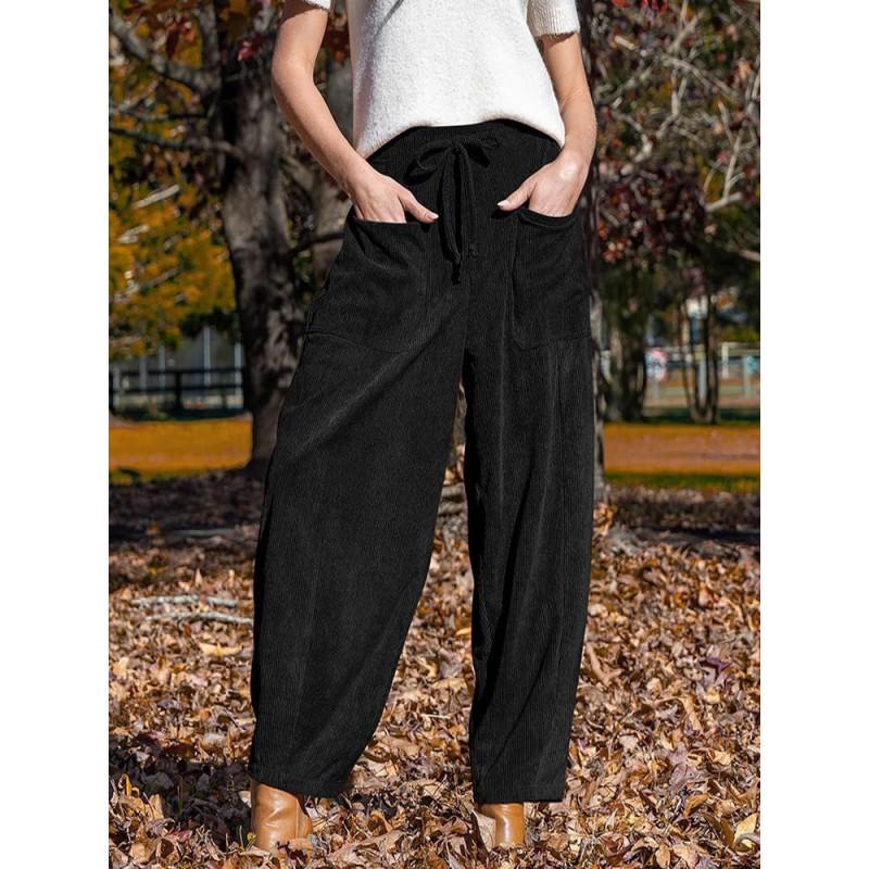 Womens Winter Corduroy Harem Pants Loose Wide Leg Casual Slimming Trousers Mid-Waist 9/10 Length With Drawstring Pocket